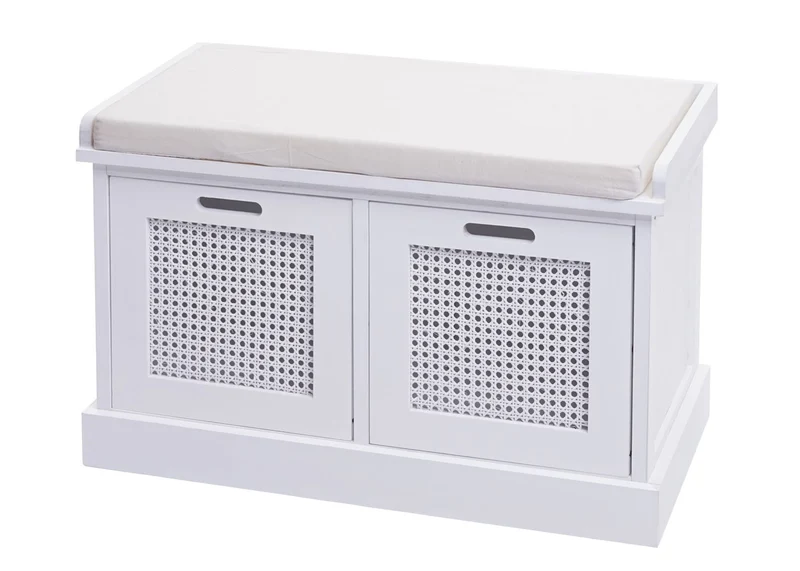 Banc banquette en bois de paulownia blanc et MDF avec coussin blanc boites de rangement 47x75x40cm BAN04054