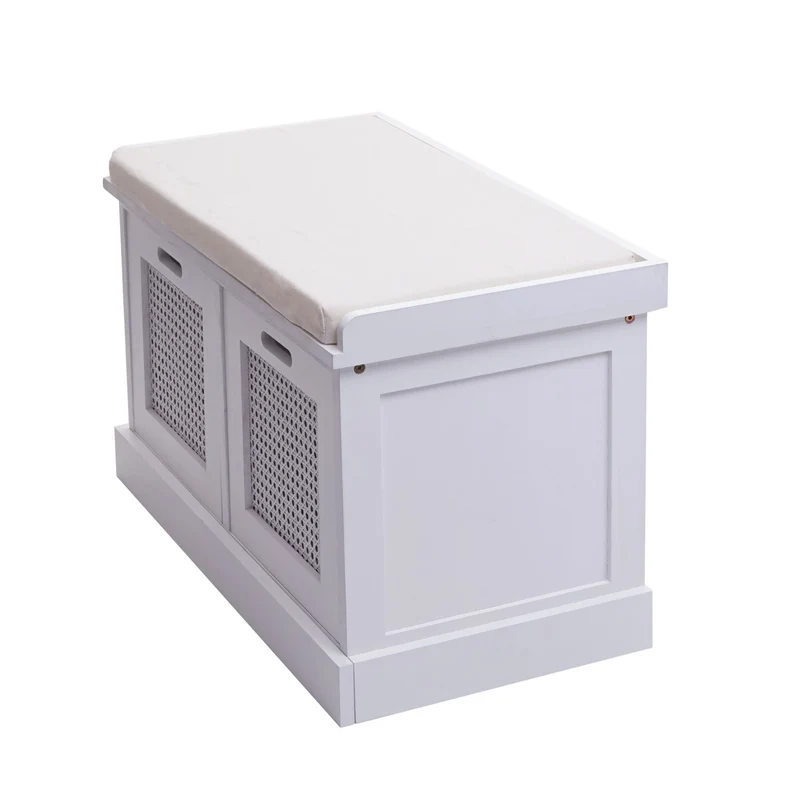 Banc banquette en bois de paulownia blanc et MDF avec coussin blanc boites de rangement 47x75x40cm BAN04054