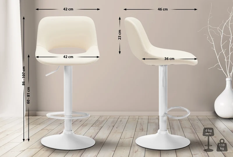 Tabouret de bar chaise haute x1 avec repose-pieds en PVC crème piètement métallique blanc 10_0004589