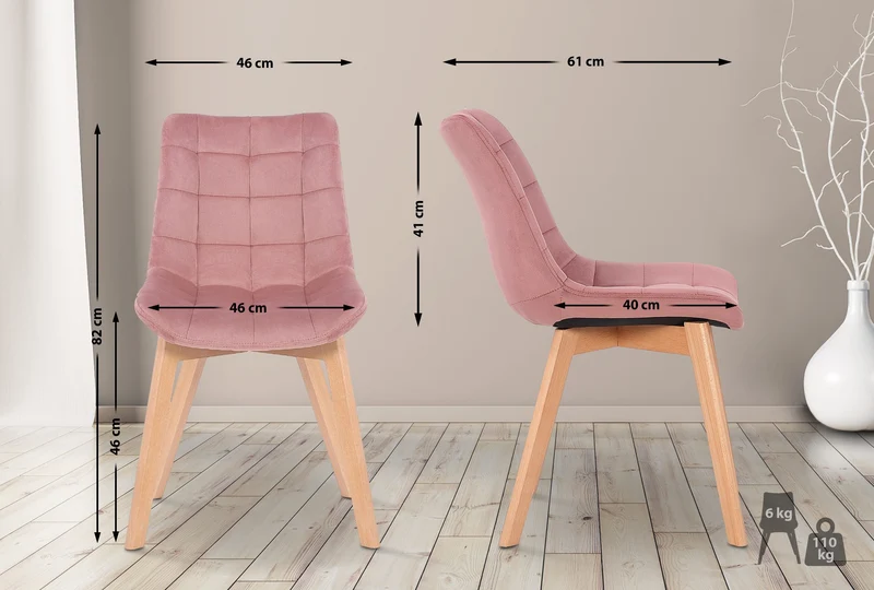 Chaise de salle à manger x1 rembourrage généreux en velours rose piètement en bois 10_0002085