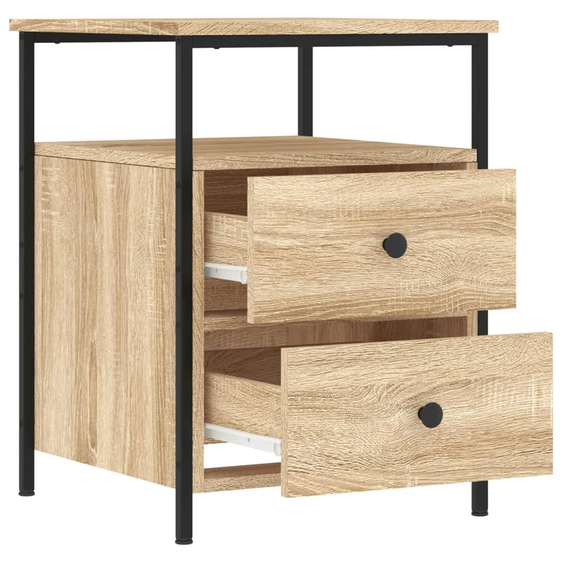 Lot de 2 tables de chevet avec tiroirs et étagère 44 x 45 x 60cm bois d'ingénierie couleur chêne et fer DEC035893