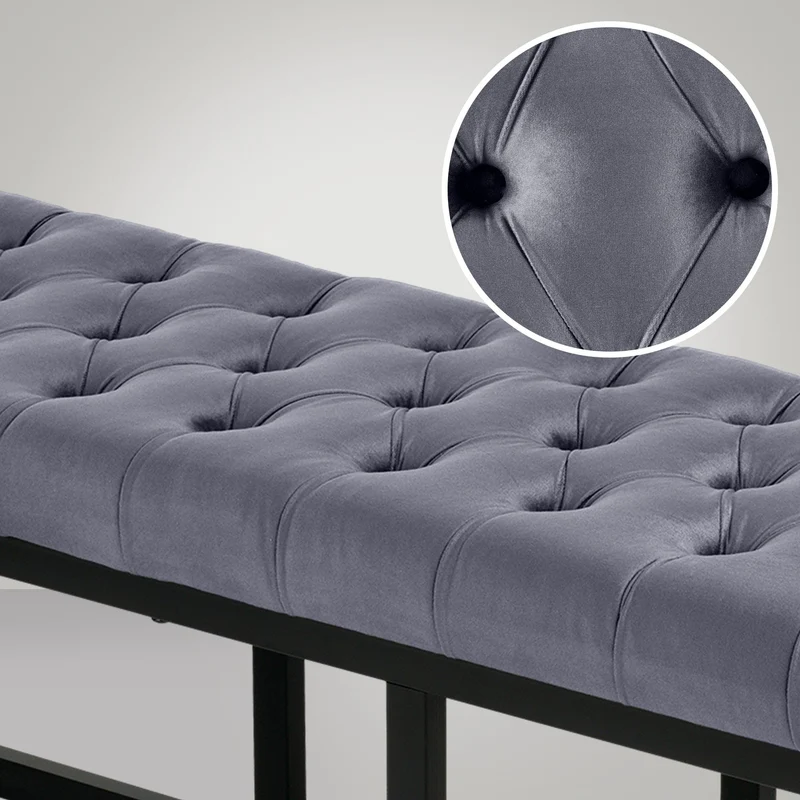 Banquette capitonné bout de lit en tissu velours gris support en métal noir 120 cm BAN10110
