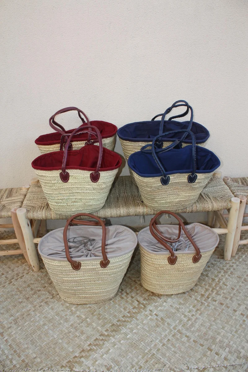Lot de 2 Paniers à courses avec pochon tissu africain - MOYEN + GRAND XXL - Sac paille Cabas marchés Panier courses plage palmier