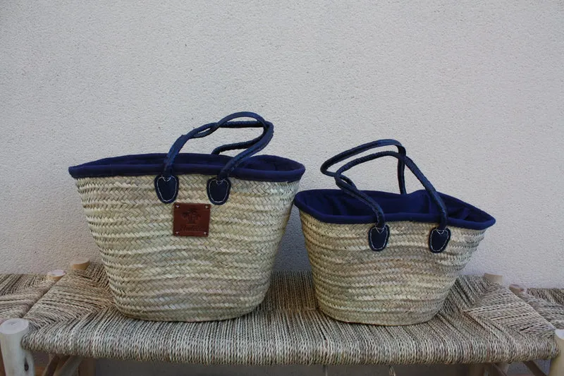 Lot de 2 Paniers à courses avec pochon tissu africain - MOYEN + GRAND XXL - Sac paille Cabas marchés Panier courses plage palmier