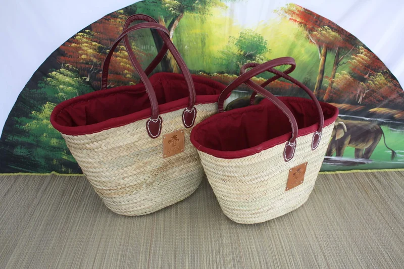 Lot de 2 Paniers à courses avec pochon tissu africain - MOYEN + GRAND XXL - Sac paille Cabas marchés Panier courses plage palmier