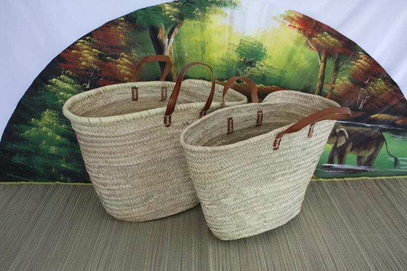Lot de 2 Paniers à courses - MOYEN + GRAND XXL - Sac Panier paille Cabas marchés courses Couffin plage palmier naturel