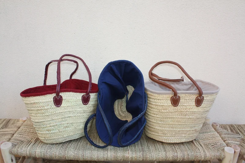 Sac Anses Longues avec tissu pochon - Panier paille Cabas marchés courses plage osier rotin palmier naturel