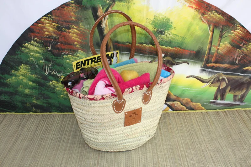 Sac Anses Longues avec tissu pochon - Panier paille Cabas marchés courses plage osier rotin palmier naturel
