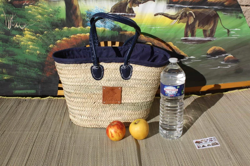 Sac Anses Longues avec tissu pochon - Panier paille Cabas marchés courses plage osier rotin palmier naturel