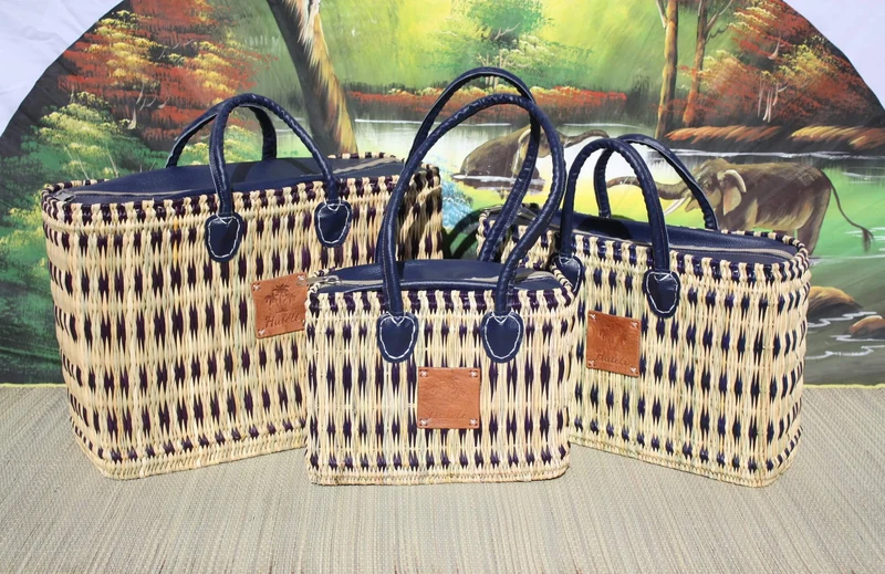 Panier en Jonc MAROCAIN Bleu - FERMETURE zip ÉCLAIR - Sac cabas courses , marchés , travail , plage ... Anses courtes et longues