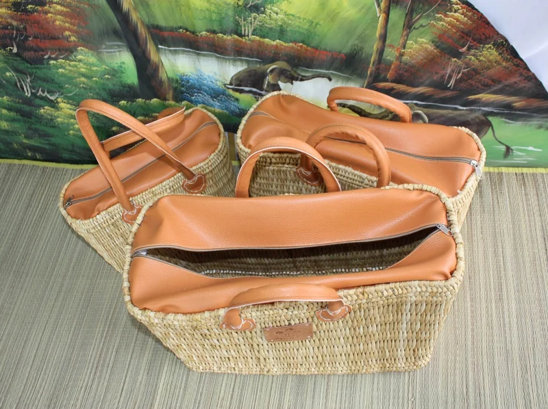 Sac cabas Panier en Jonc MAROCAIN - FERMETURE zip ÉCLAIR - idéal courses , marchés , travail , plage ... Anses courtes et longues