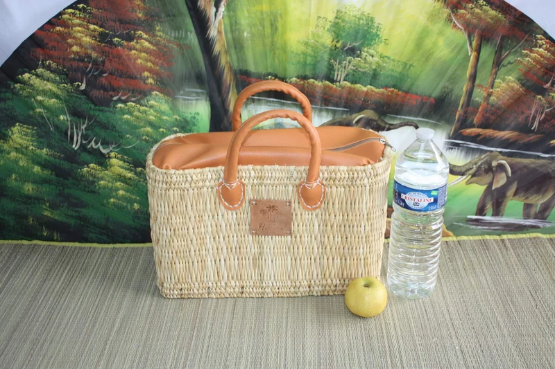 Sac cabas Panier en Jonc MAROCAIN - FERMETURE zip ÉCLAIR - idéal courses , marchés , travail , plage ... Anses courtes et longues