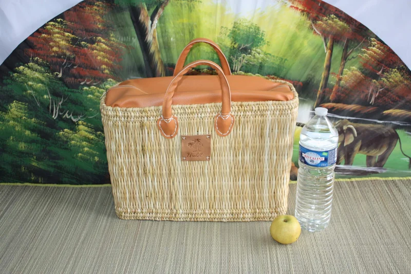 Sac cabas Panier en Jonc MAROCAIN - FERMETURE zip ÉCLAIR - idéal courses , marchés , travail , plage ... Anses courtes et longues