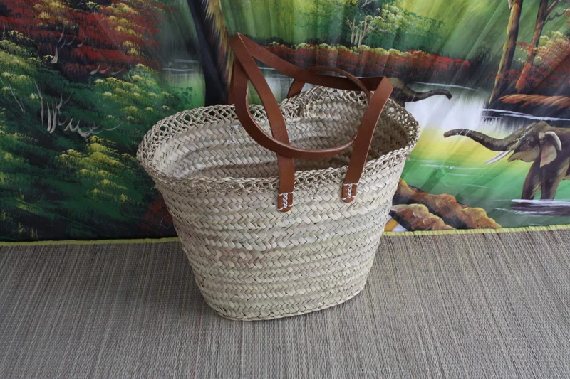 Sublime Sac Anses longues plates en cuir - panier couffin palmier paille rotin osier - idéal courses , marchés , travail , plage , déco...