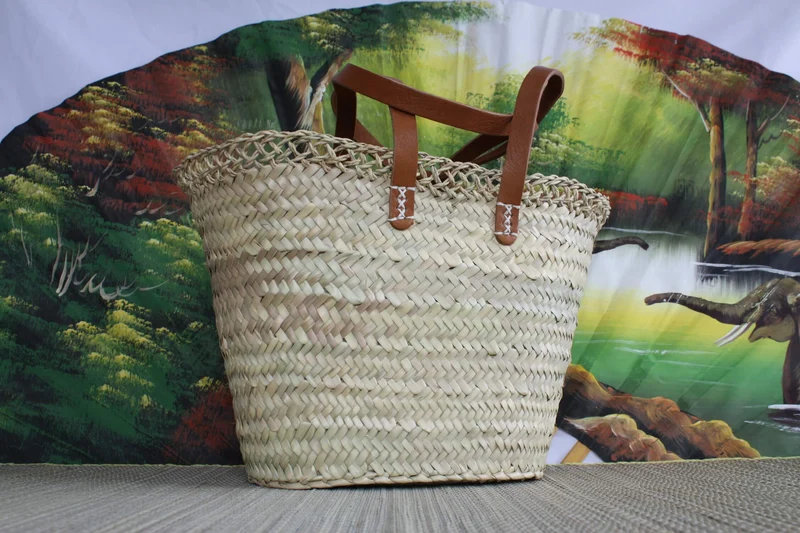 Sublime Sac Anses longues plates en cuir - panier couffin palmier paille rotin osier - idéal courses , marchés , travail , plage , déco...