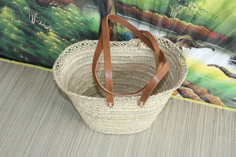 Sublime Sac Anses longues plates en cuir - panier couffin palmier paille rotin osier - idéal courses , marchés , travail , plage , déco...