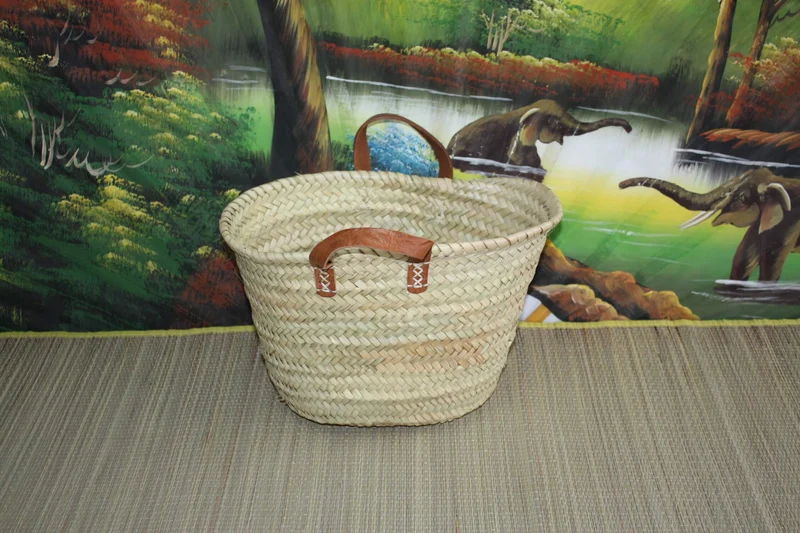 PANIER en palmier - CABAS Anses Cuir - SAC tressé main rotin paille osier