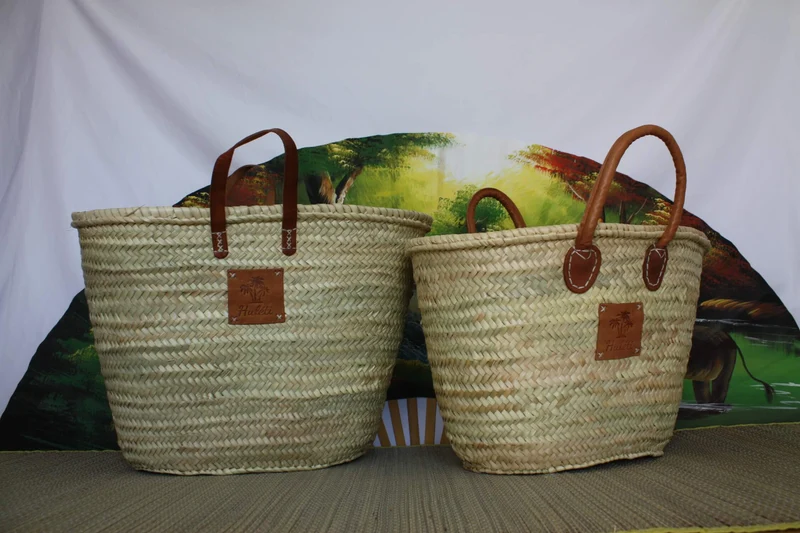 GRAND Panier de courses - Paille Palmier Naturel - Sac cabas de marché - Anses cuir SOLIDE Renforcé - HULÉTI -