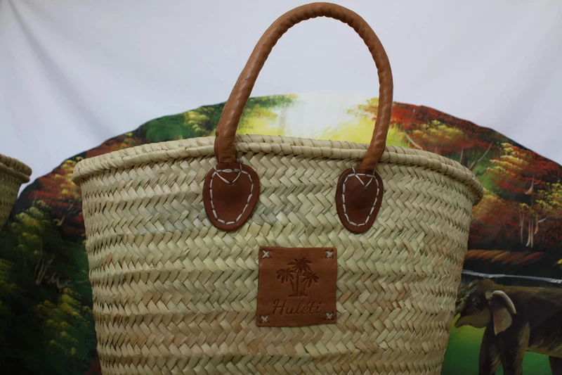 GRAND Panier de courses - Paille Palmier Naturel - Sac cabas de marché - Anses cuir SOLIDE Renforcé - HULÉTI -