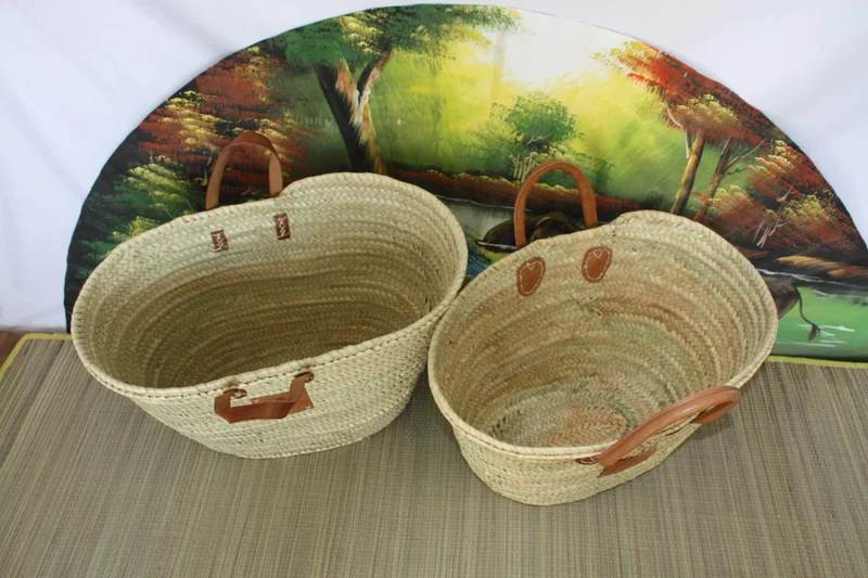 GRAND Panier de courses - Paille Palmier Naturel - Sac cabas de marché - Anses cuir SOLIDE Renforcé - HULÉTI -