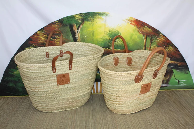 GRAND Panier de courses - Paille Palmier Naturel - Sac cabas de marché - Anses cuir SOLIDE Renforcé - HULÉTI -