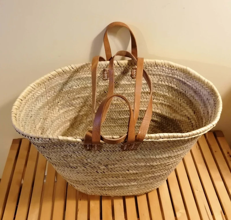 GRAND Sac - DOUBLES Anses Courtes + Longues en Cuir - Panier paille Cabas Couffin marchés courses plage osier rotin palmier naturel