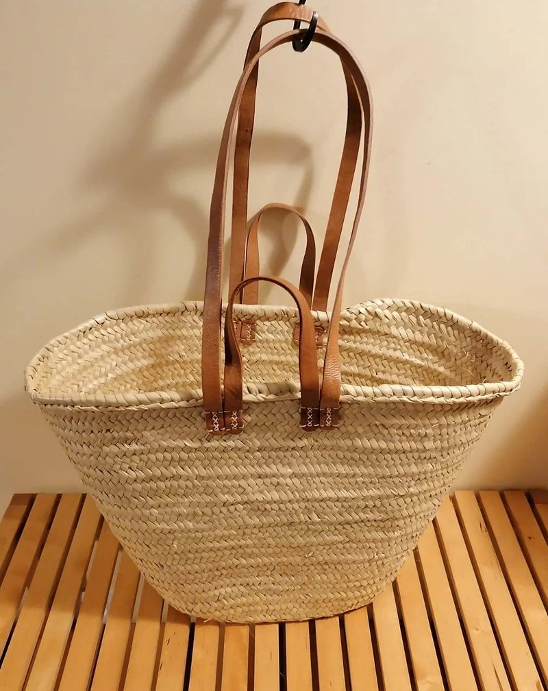 GRAND Sac - DOUBLES Anses Courtes + Longues en Cuir - Panier paille Cabas Couffin marchés courses plage osier rotin palmier naturel