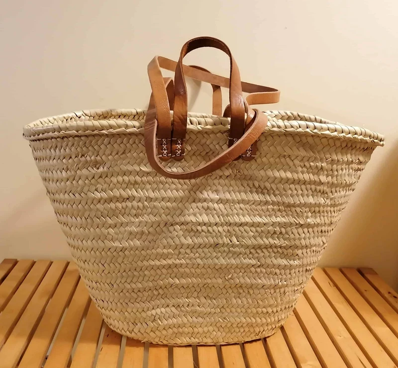 GRAND Sac - DOUBLES Anses Courtes + Longues en Cuir - Panier paille Cabas Couffin marchés courses plage osier rotin palmier naturel