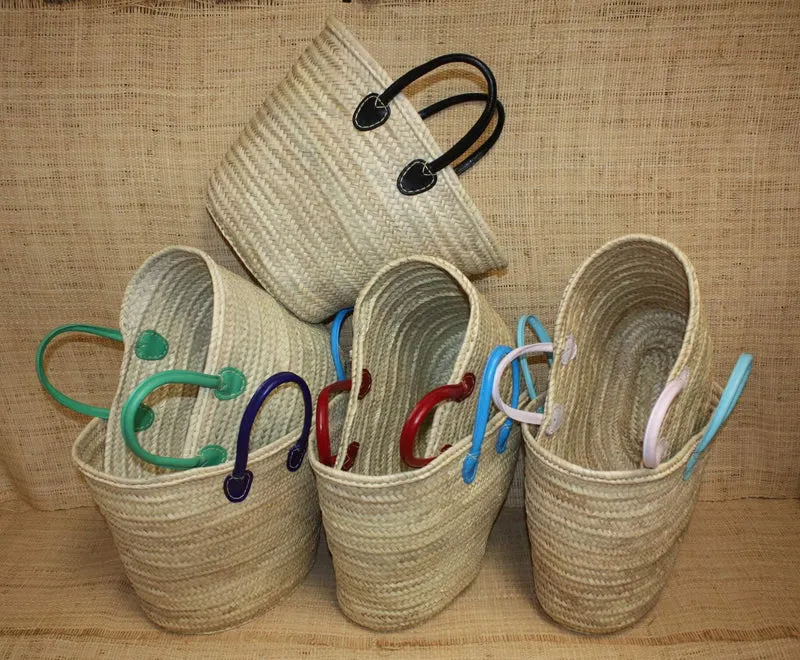 Grand Panier en Rotin pour Courses | Sac en Paille de Plage | Cabas en Osier pour le Marché - Anses en Cuir : Plusieurs Couleurs Disponibles