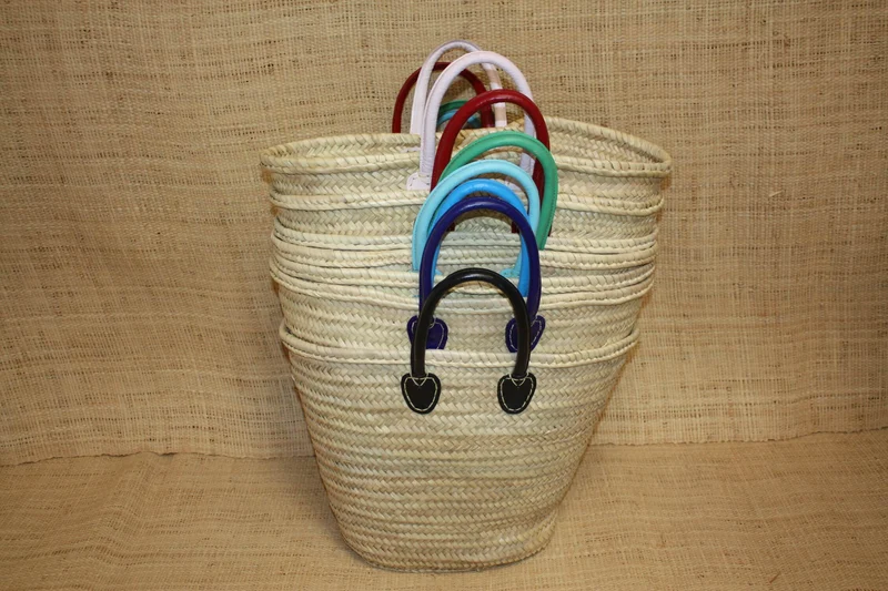 Grand Panier en Rotin pour Courses | Sac en Paille de Plage | Cabas en Osier pour le Marché - Anses en Cuir : Plusieurs Couleurs Disponibles