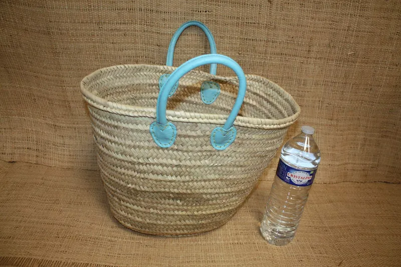 Grand Panier en Rotin pour Courses | Sac en Paille de Plage | Cabas en Osier pour le Marché - Anses en Cuir : Plusieurs Couleurs Disponibles