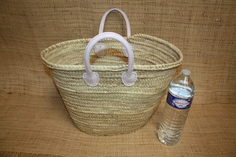 Grand Panier en Rotin pour Courses | Sac en Paille de Plage | Cabas en Osier pour le Marché - Anses en Cuir : Plusieurs Couleurs Disponibles
