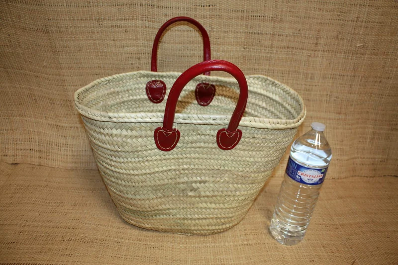 Grand Panier en Rotin pour Courses | Sac en Paille de Plage | Cabas en Osier pour le Marché - Anses en Cuir : Plusieurs Couleurs Disponibles