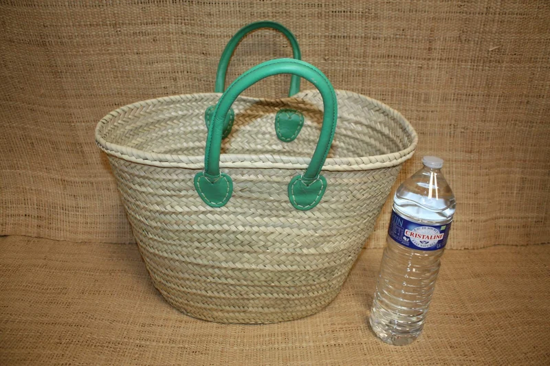Grand Panier en Rotin pour Courses | Sac en Paille de Plage | Cabas en Osier pour le Marché - Anses en Cuir : Plusieurs Couleurs Disponibles