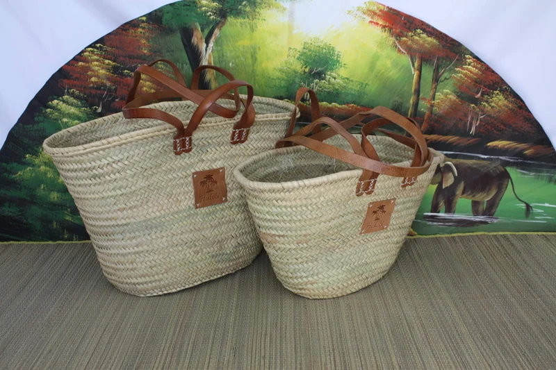 Sac DOUBLES Anses Courtes + Longues en Cuir - Panier paille Cabas marchés courses Couffin plage osier palmier naturel