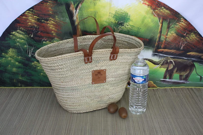 Sac DOUBLES Anses Courtes + Longues en Cuir - Panier paille Cabas marchés courses Couffin plage osier palmier naturel