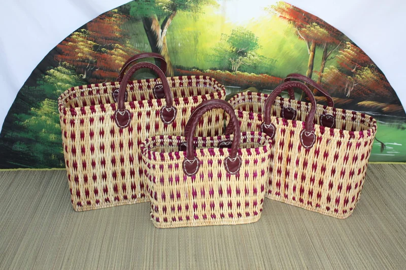 Panier à courses rotin souple - Naturel & Rose - 3 Tailles - Tressé en Jonc Roseau Osier Paille