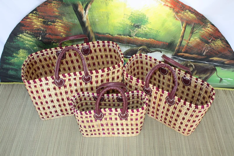 Panier à courses rotin souple - Naturel & Rose - 3 Tailles - Tressé en Jonc Roseau Osier Paille