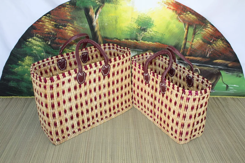 Panier à courses rotin souple - Naturel & Rose - 3 Tailles - Tressé en Jonc Roseau Osier Paille