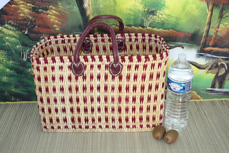 Panier à courses rotin souple - Naturel & Rose - 3 Tailles - Tressé en Jonc Roseau Osier Paille