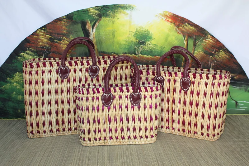 Panier à courses rotin souple - Naturel & Rose - 3 Tailles - Tressé en Jonc Roseau Osier Paille