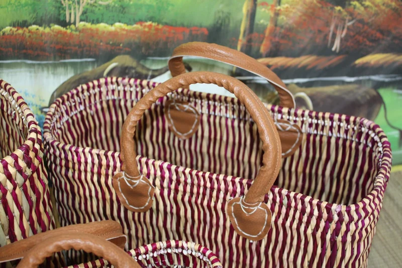 Panier de courses osier souple - Paille & Fuchsia - 3 Tailles - Tressé en Jonc Roseau