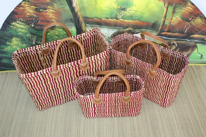 Panier de courses osier souple - Paille & Fuchsia - 3 Tailles - Tressé en Jonc Roseau