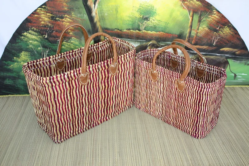 Panier de courses osier souple - Paille & Fuchsia - 3 Tailles - Tressé en Jonc Roseau