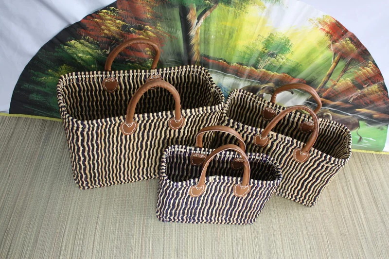 PANIER roseau Cabas tressé en Jonc - BLEU MARINE - Sac marchés, courses, plage... osier rotin