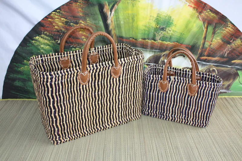 PANIER roseau Cabas tressé en Jonc - BLEU MARINE - Sac marchés, courses, plage... osier rotin