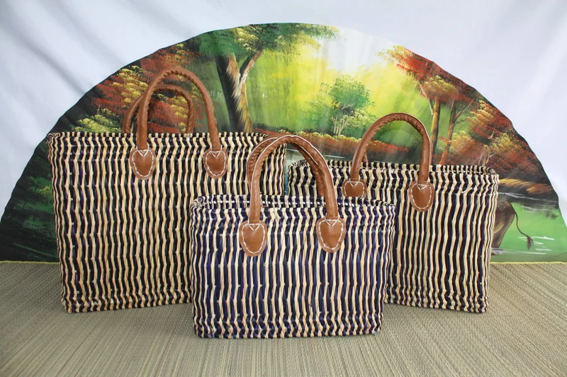 PANIER roseau Cabas tressé en Jonc - BLEU MARINE - Sac marchés, courses, plage... osier rotin
