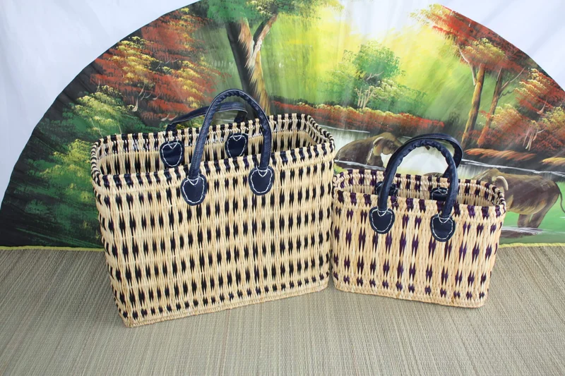 Superbe Panier Bleu & Naturel - Tressé à la main - sac cabas - 3 TAILLES - idéal courses , marchés... osier roseau paille