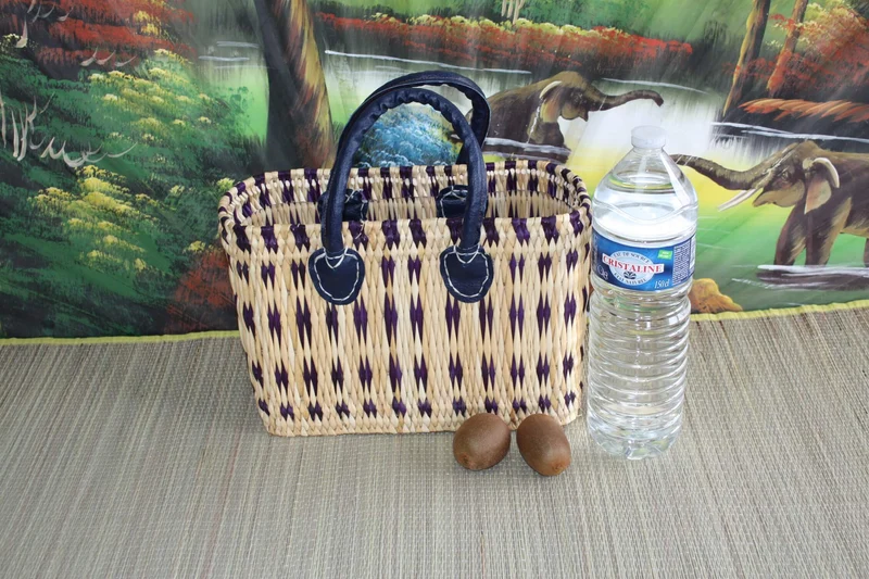 Superbe Panier Bleu & Naturel - Tressé à la main - sac cabas - 3 TAILLES - idéal courses , marchés... osier roseau paille