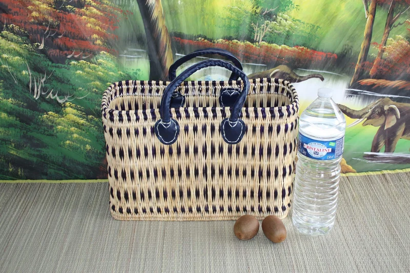 Superbe Panier Bleu & Naturel - Tressé à la main - sac cabas - 3 TAILLES - idéal courses , marchés... osier roseau paille